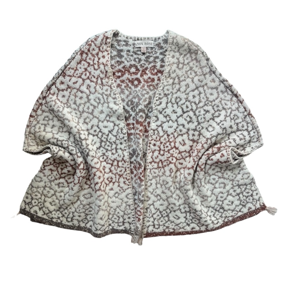 Knox Rose Womens S Cream Brown Jacquard Animal Print Floral Knit Poncho Cardigan